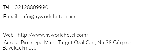Ny World Hotel telefon numaralar, faks, e-mail, posta adresi ve iletiim bilgileri